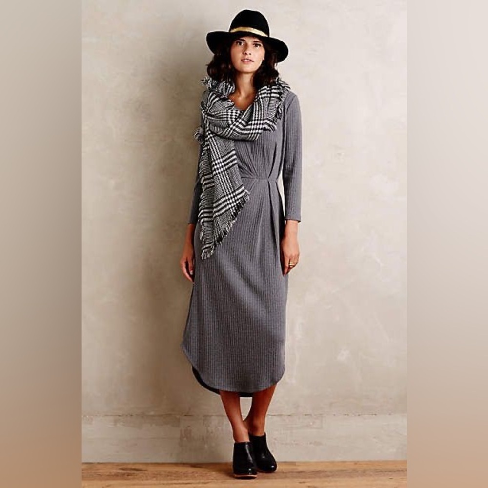 Anthropologie Saturday Sunday Gray Knit Ribbed 3/4 Sleeve Midi Dress Size Small